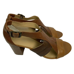 9M Nine West 3" Chunk Heel Sandal Women's Two Tone Brown "7LYNN" Ankle Strap